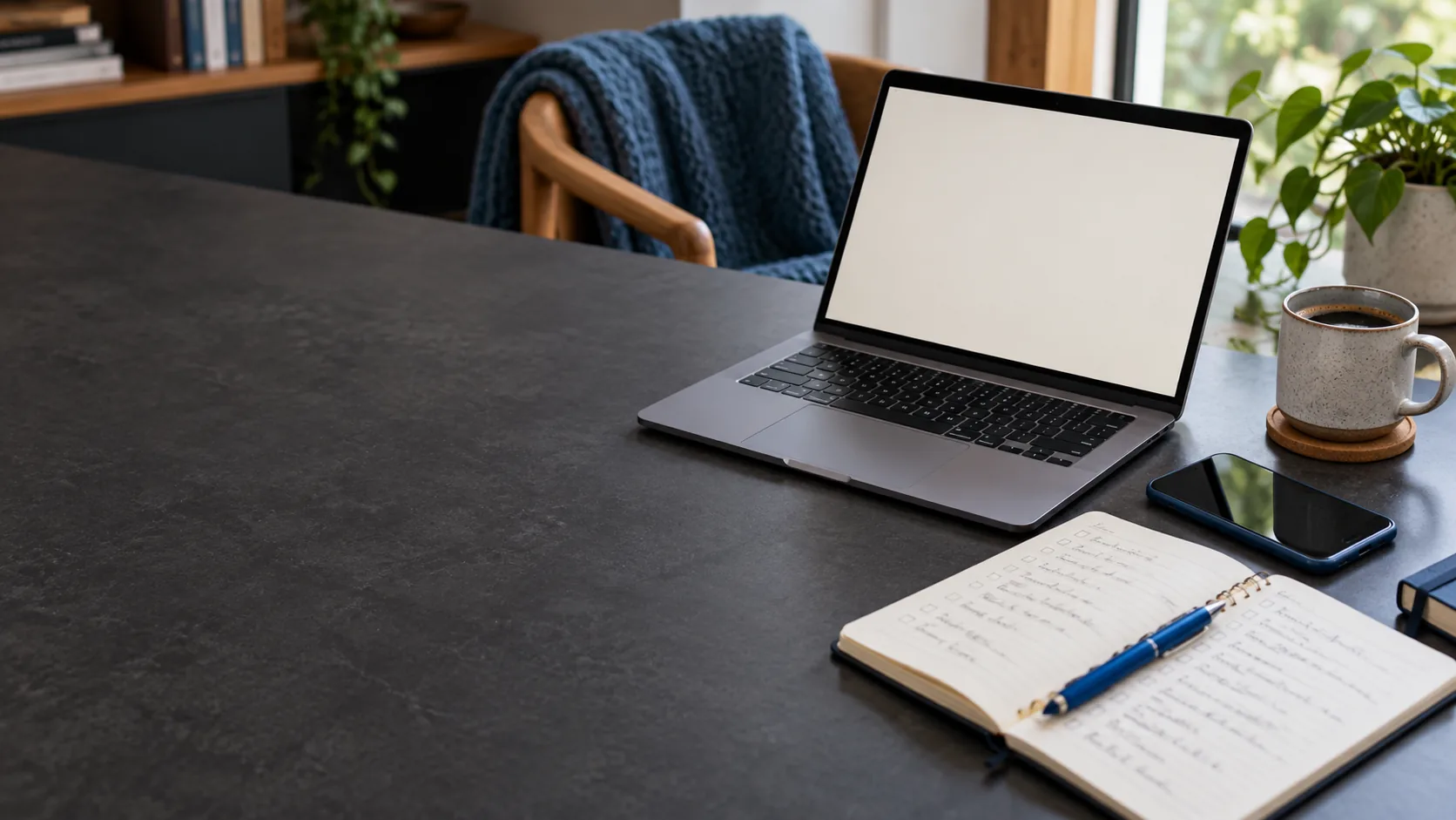 Laptop, notebook and phone arranged for planning a task