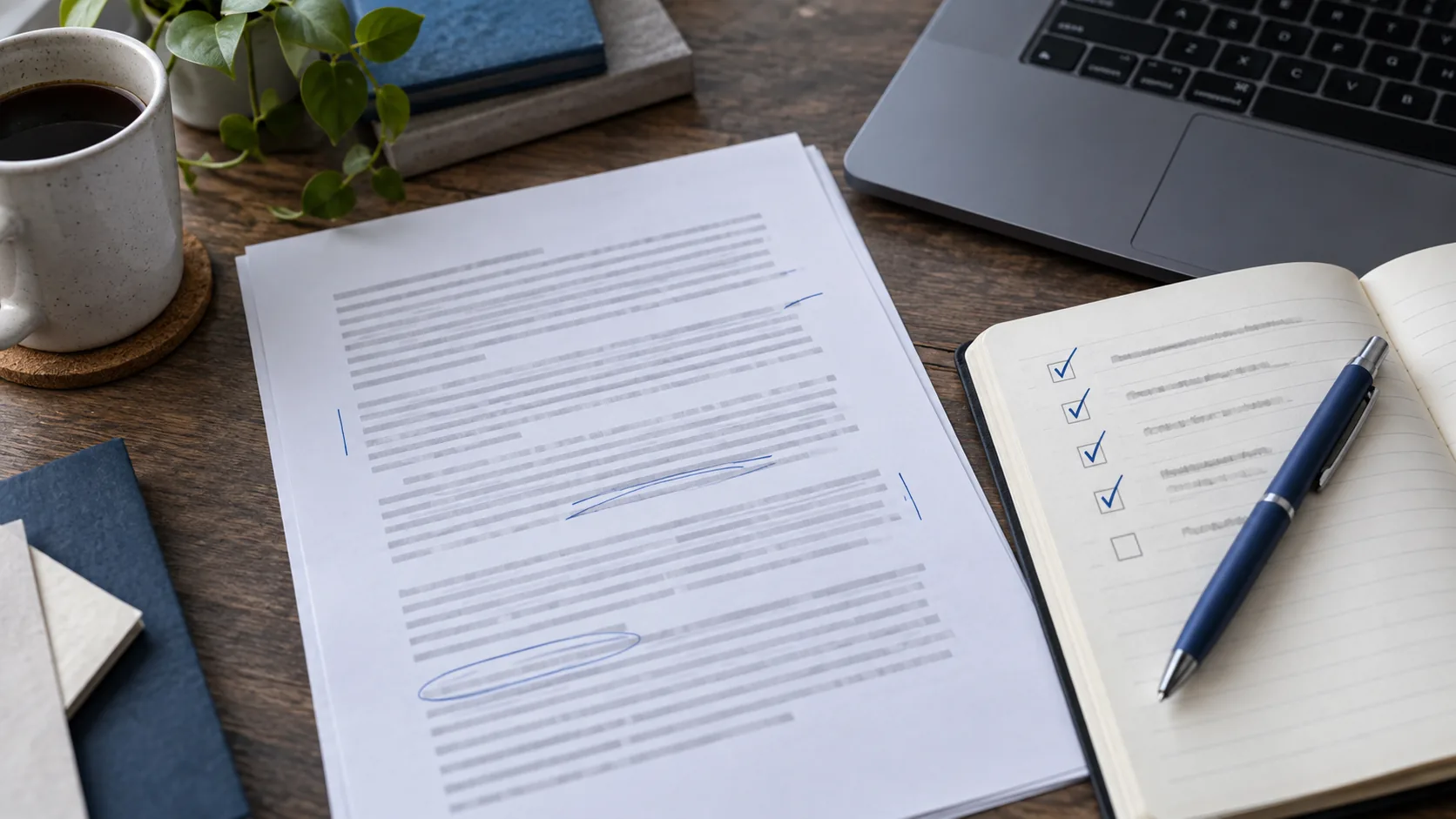 Paper notes and a blue pen ready for an editorial review